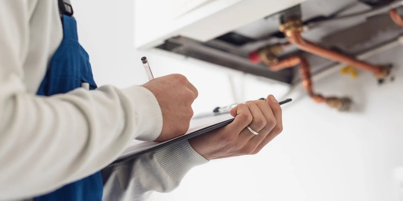 Gas Safe engineer writing up a boiler service checklist on site