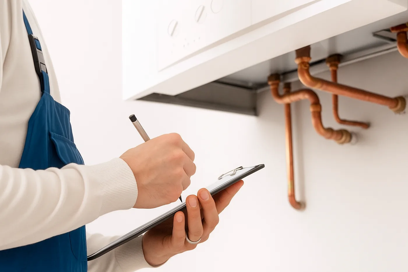 Engineer noting boiler checklist findings on a clipboard