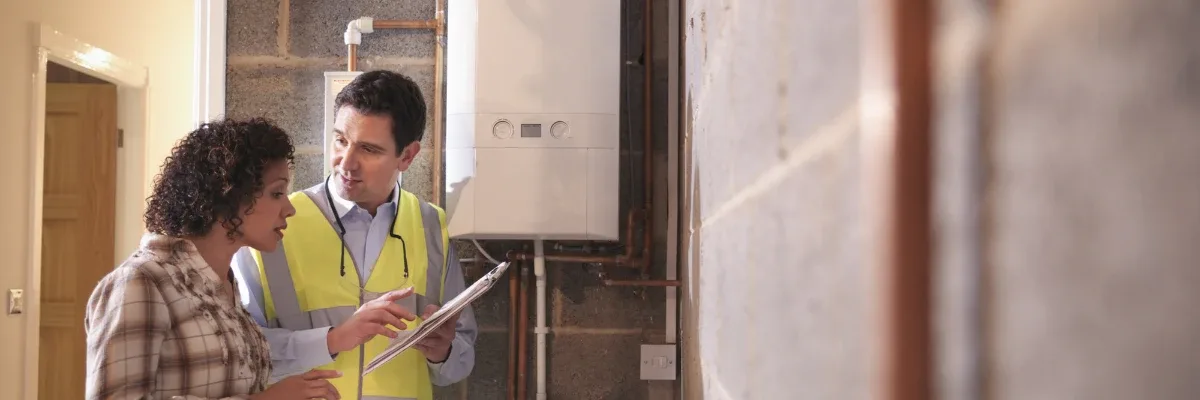 Gas Safe engineer talking a homeowner through the boiler's condition after a service